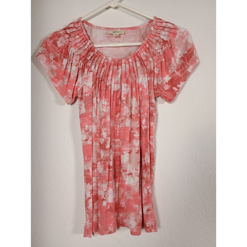 Style‎ & Co PP Women's  Pink White Abstract Marbled Gathered Neck Blouse Top